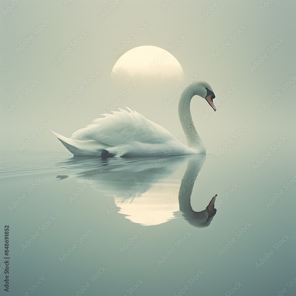 Fototapeta premium Serene Solitary Swan Gliding on Tranquil Waters