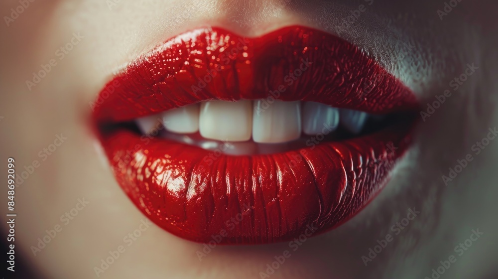 Fototapeta premium Close-up of womans mouth with red lipstick