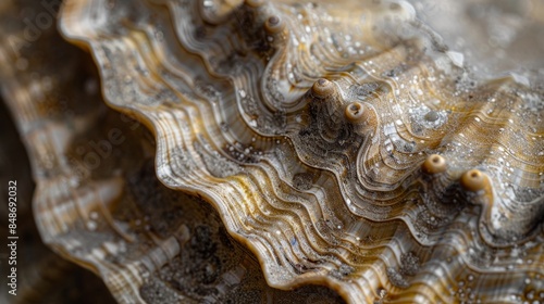 Detailed macro view of a clam shell, emphasizing its unique textures and patterns, with natural light highlighting the intricate details