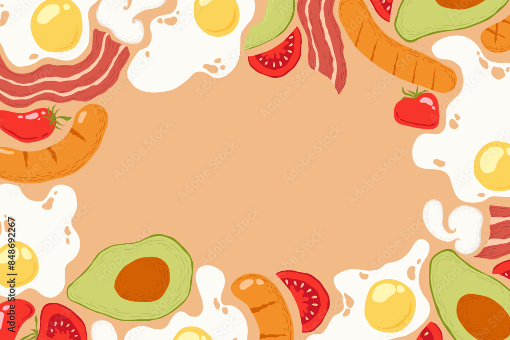 Vector illustration with hand drawn abstract fried eggs, bacon, sausages, tomatoes, avocados frame isolated on color background. Food illustration clipart for decor print, card, menu Vector illustration with hand drawn abstract fried eggs, bacon, sausages, tomatoes, avocados frame isolated on color background. Food illustration clipart for decor print, card, menu