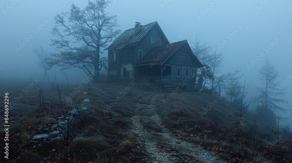 House on hill in fog House on hill in fog