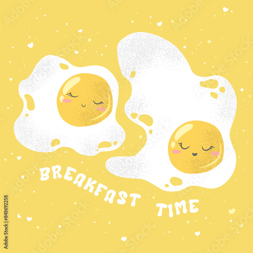 Vector illustration with cute hand drawn cartoon eggs and lettering Breakfast Time isolated on yellow background. Design for poster print, wallpaper, card, decoration, menu