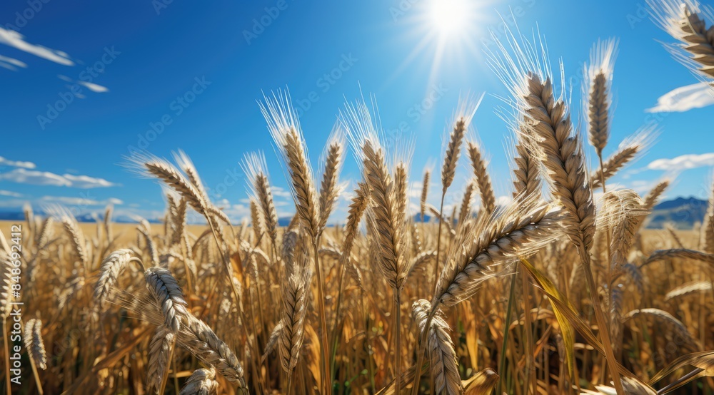 A large field with yellow bright juicy ears of wheat against a background of a clear blue sky with white clouds. Close-up of an agricultural harvest. A large field with yellow bright juicy ears of wheat against a background of a clear blue sky with white clouds. Close-up of an agricultural harvest.