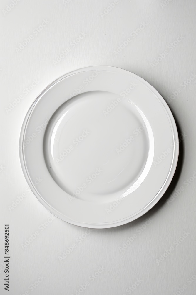 Elegant white dinner plate, photographed against a pure white background with professional studio lighting, emphasizing its clean lines Elegant white dinner plate, photographed against a pure white background with professional studio lighting, emphasizing its clean lines