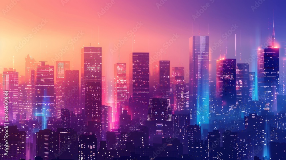 Fototapeta premium Evening cityscape with high-rise buildings illuminated by gradient lights, blending smoothly from one color to another, creating a dynamic scene