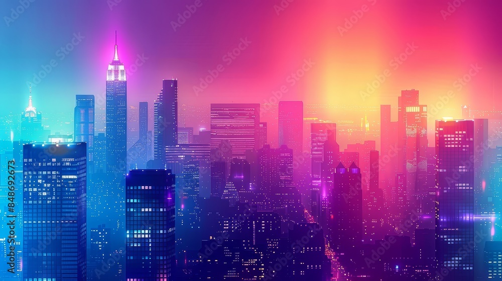 Fototapeta premium Evening cityscape with high-rise buildings illuminated by gradient lights, blending smoothly from one color to another, creating a dynamic scene