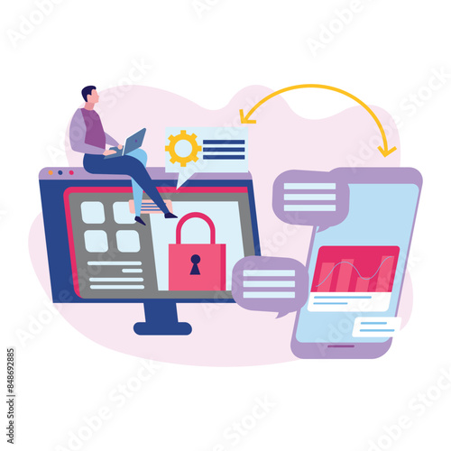 Boy is transferring data from mobile to laptop.