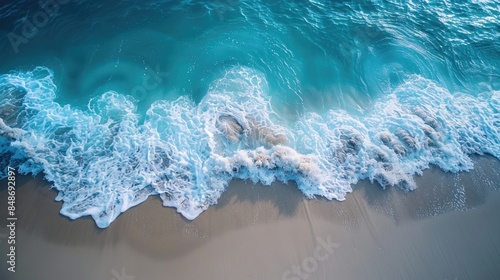 Aerial view of waves crashing on sandy beach