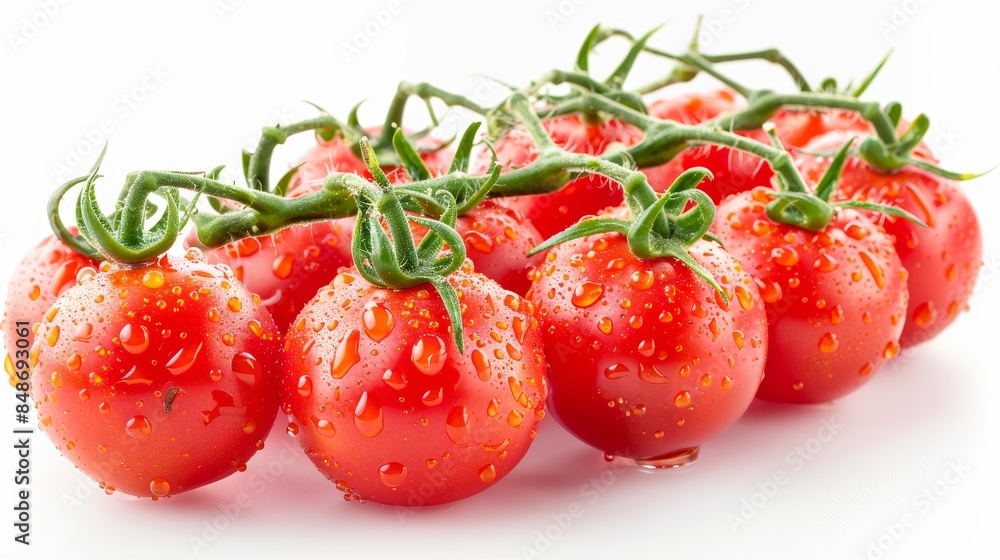 Fresh vine tomatoes, dewy and vibrant, isolated on a white background, studio lighting highlighting natural texture, slight shadow for depth Fresh vine tomatoes, dewy and vibrant, isolated on a white background, studio lighting highlighting natural texture, slight shadow for depth