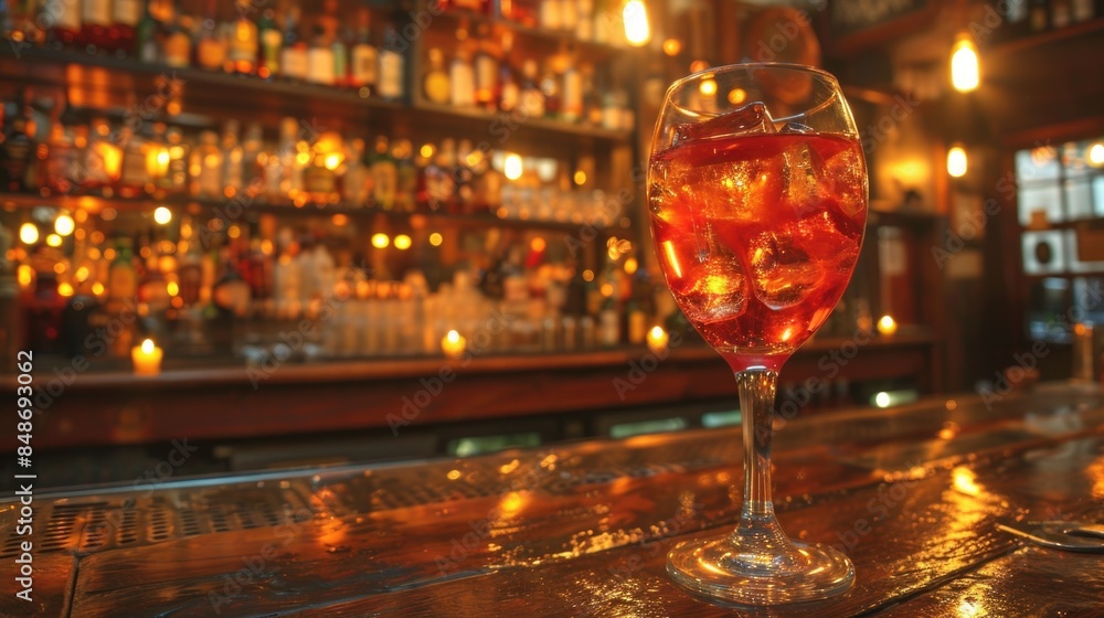 Detailed shot showcasing a wine glass placed on a bar counter, highlighting its elegant shape and the bar atmosphere. Detailed shot showcasing a wine glass placed on a bar counter, highlighting its elegant shape and the bar atmosphere.