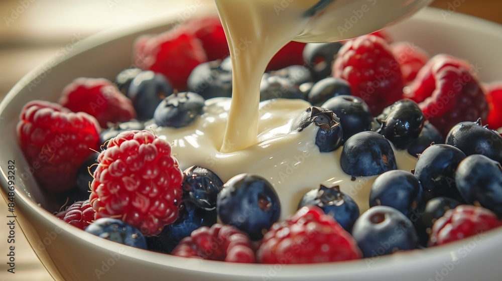 Berries and cream. Close up macro. White bowl. Fresh raspberries and blueberries. Pouring cream on fruit. Ripe sweet. Snack dessert breakfast. Red white and blue. Delicious tasty healthy nutritious. Berries and cream. Close up macro. White bowl. Fresh raspberries and blueberries. Pouring cream on fruit. Ripe sweet. Snack dessert breakfast. Red white and blue. Delicious tasty healthy nutritious.
