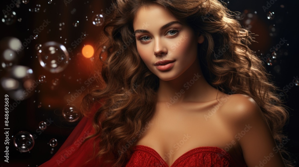Naklejka premium Woman with long brown hair smiling in red dress surrounded by bubbles