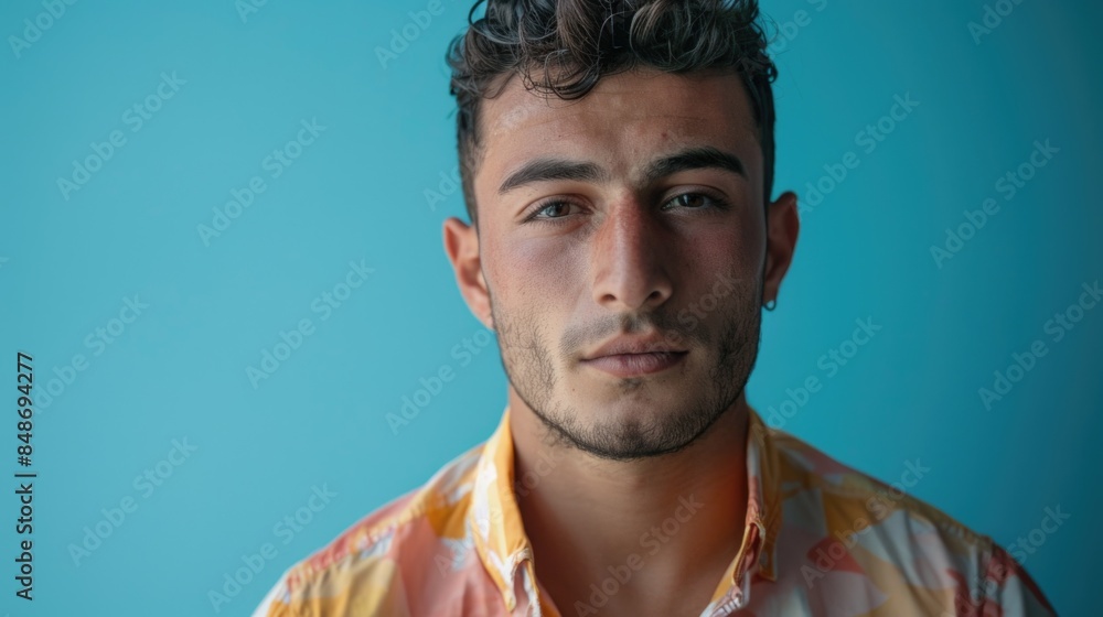Young man staring at blue wall Young man staring at blue wall