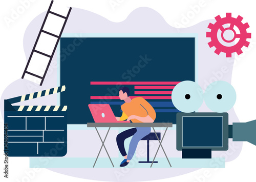 The boy is working on the laptop.