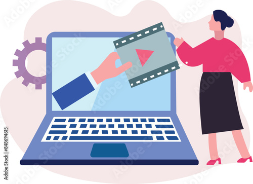 The female is telling about the video shooting on laptop.