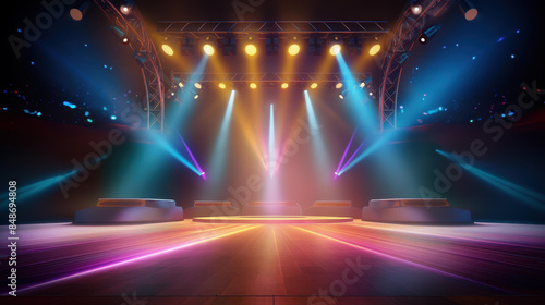 Vibrant spotlights illuminate an empty stage with dramatic scene lighting effects. © CrazyJuke
