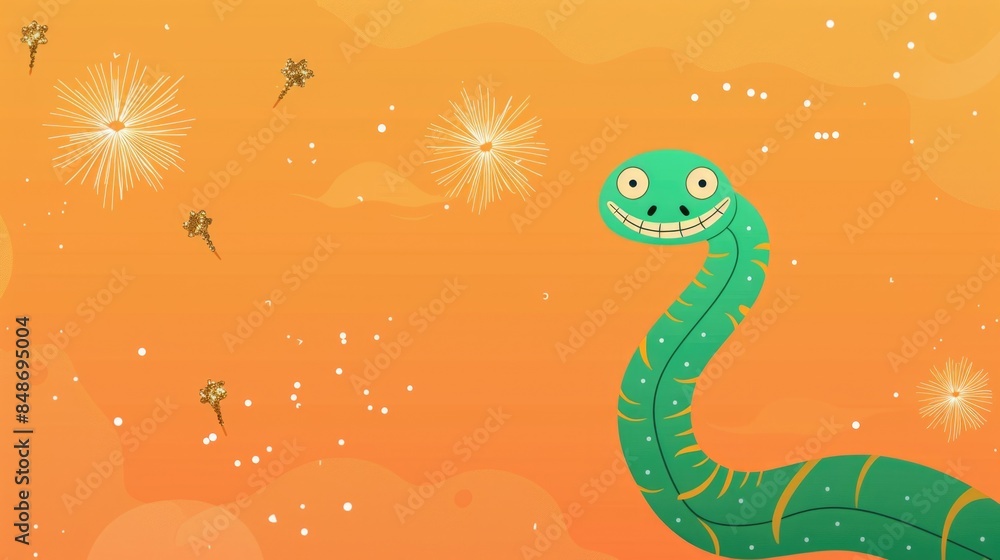 Obraz premium Beautiful cute cartoon snake. Exotic reptile. Symbol of the New Year. Background for the design of cards and invitations for the Christmas holidays.
