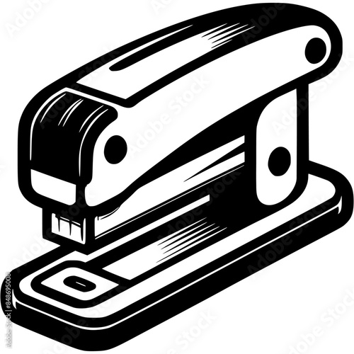 Office stationery stapler in monochrome. Device for fastening paper sheets. Simple minimalistic vector in black ink drawing on transparent background