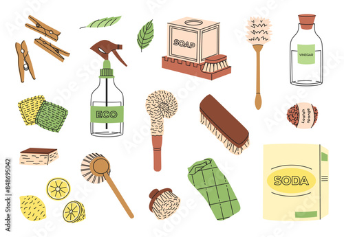 Eco-friendly cleaning products set. Organic natural ecological cleaners, soap, brushes. Green housework stuff, clean home supplies. Brushes, soap, lemon, soda, vinegar. Flat graphic vector