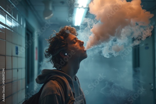 Teenager smoking a cigarette in a school toilet