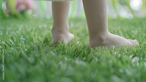 Child standing on lush green field