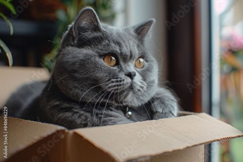 Gray cat sitting in cardboard box