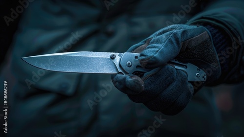 Person in leather gloves holding knife
