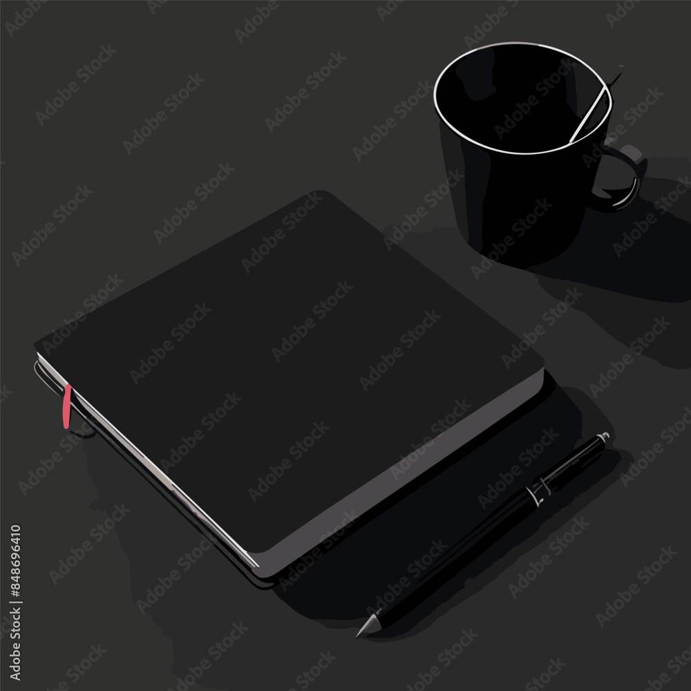 Vector isometric illustration of notebook with coffee, 3d flat coffee brake during working day concept. Vector isometric illustration of notebook with coffee, 3d flat coffee brake during working day concept.
