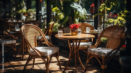 Brown wooden table and chairs around it. Fashionable stylish interior of a summer outdoor cafe. © Boomanoid