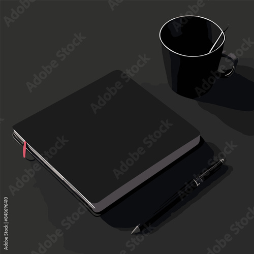 Vector isometric illustration of notebook with coffee, 3d flat coffee brake during working day concept.