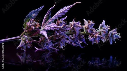 High-resolution image of a purple medical cannabis flower, showcasing its untrimmed state and natural resin production photo