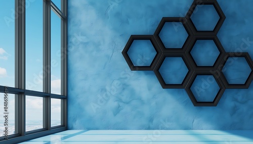 A minimalist study with a sky blue wall, showcasing six empty black frames in a honeycomb pattern. photo