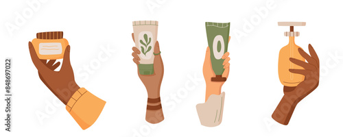 Hand holds isolated organic cosmetic lotion bottle, colorful antiaging bodycare product set, trendy minimal makeup shampoo jar, flat eco skin care pack collection, vector illustration.