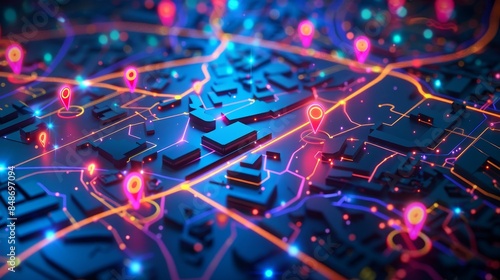 High-tech 3D vector map showing city emergency shelters, evacuation routes, and critical points marked with vibrant pins