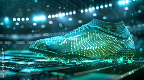 High-tech soccer shoe featuring holographic patterns, smart sensors, and carbon fiber elements, displayed in a futuristic sports arena photo