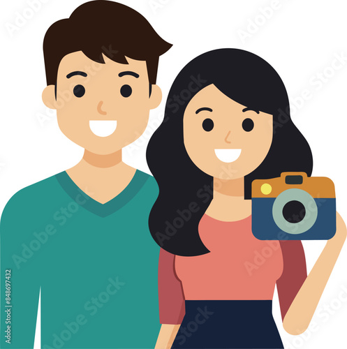 Young Couple Taking Picture Happily isolated illustration