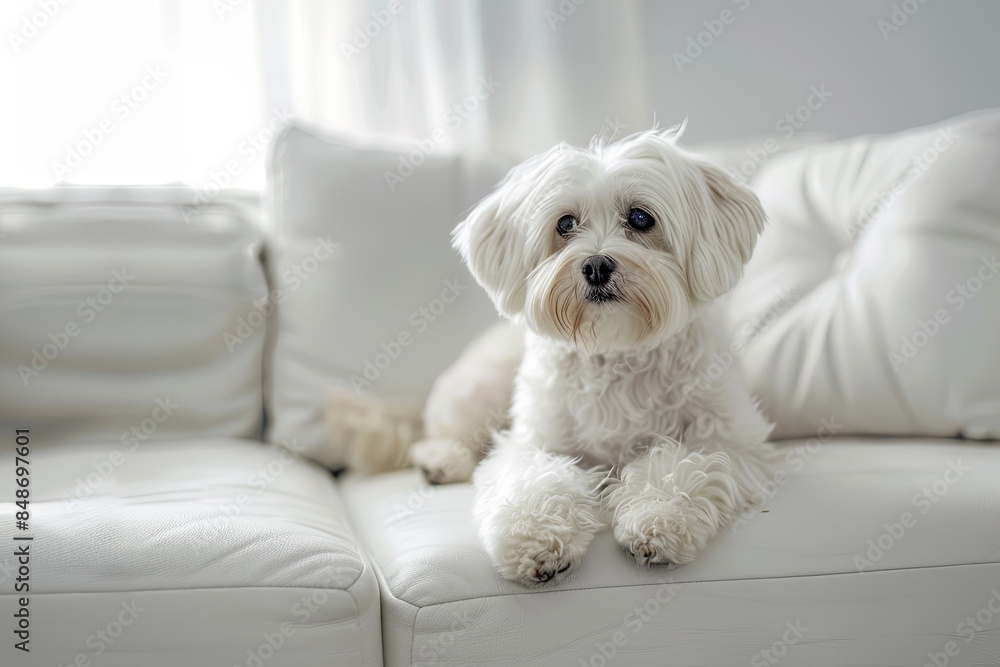 Front view of Maltese on white couch, modern living room background, warm indoor lighting. Front view of Maltese on white couch, modern living room background, warm indoor lighting.