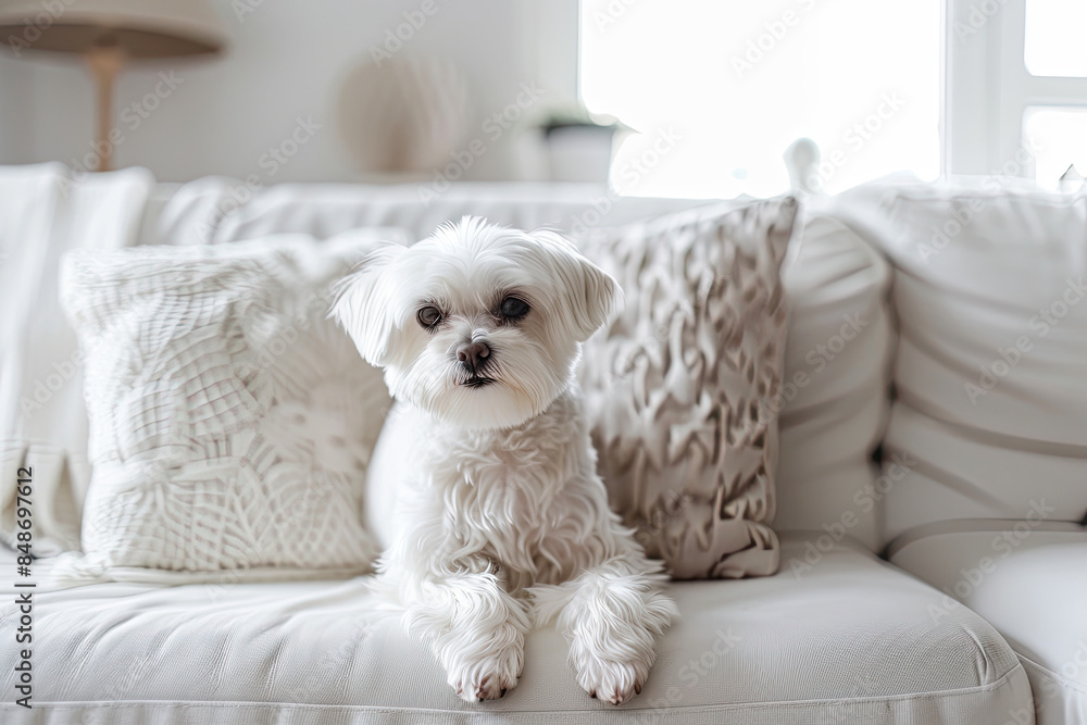 Maltese sitting on white couch, front view, modern living room setup, warm lighting, shadows. Maltese sitting on white couch, front view, modern living room setup, warm lighting, shadows.