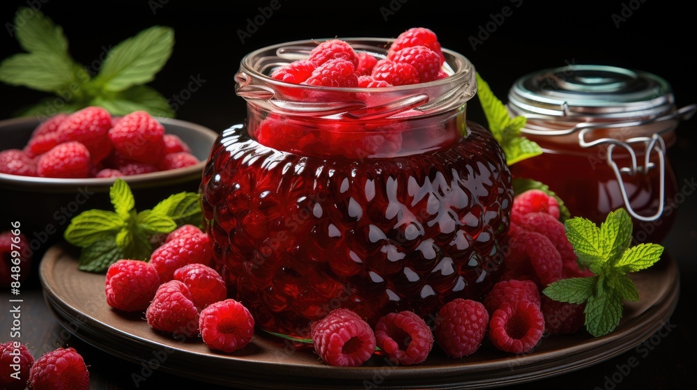 Juicy appetizing red raspberries lie on a plate on a wooden table on a dark background. Ripe fresh healthy berry. The topic of proper nutrition. Juicy appetizing red raspberries lie on a plate on a wooden table on a dark background. Ripe fresh healthy berry. The topic of proper nutrition.