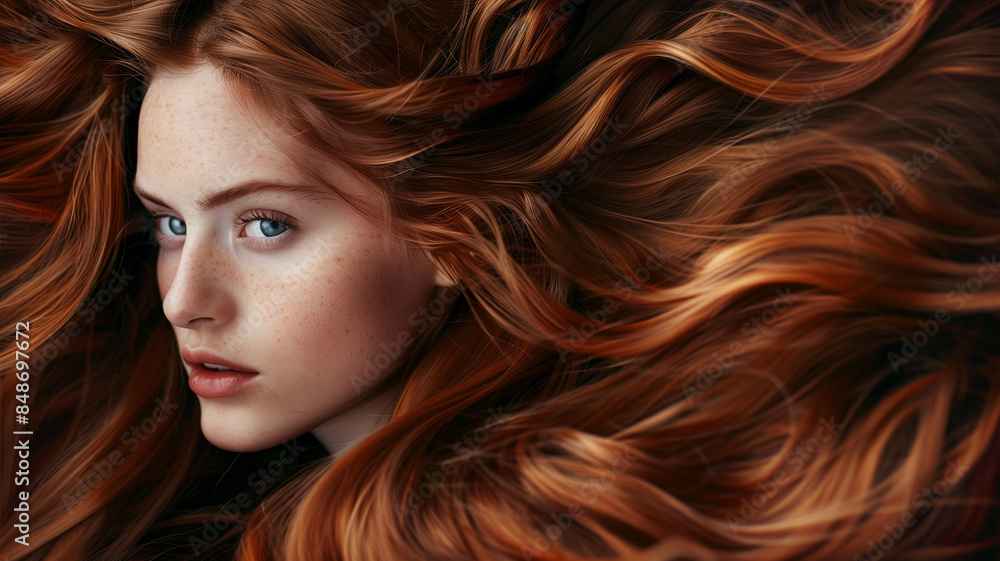 Close-up portrait of a freckled woman with flowing red hair, looking to the side. Close-up portrait of a freckled woman with flowing red hair, looking to the side.
