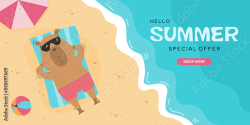 Summer sale promotion banner with funny capybara
