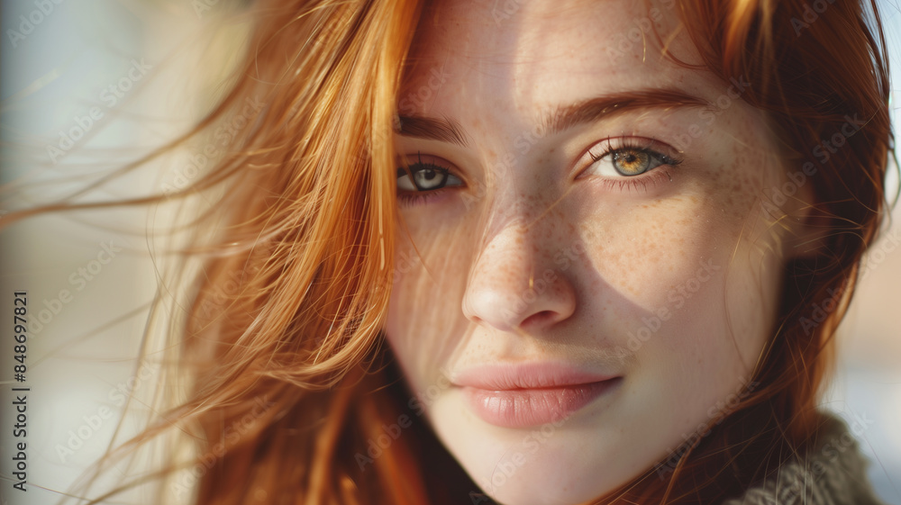 Close-up of a freckled woman with red hair, gazing softly at the camera. Close-up of a freckled woman with red hair, gazing softly at the camera.