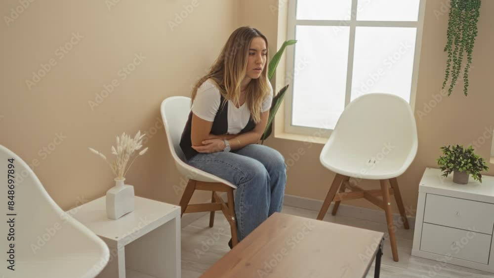 A young woman with a pained expression sits in a modern indoor waiting room, clutching her stomach, surrounded by simple furnishings and natural indoor lighting. A young woman with a pained expression sits in a modern indoor waiting room, clutching her stomach, surrounded by simple furnishings and natural indoor lighting.