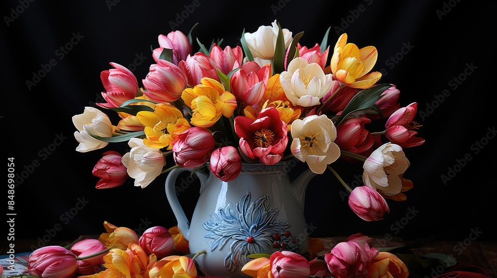 Fototapeta premium A bouquet of bright fresh tulips stands in an elegant ceramic vase.