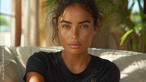 Portrait of young woman with tousled hair and intense gaze sitting on couch in sunlit room with lush greenery in the backgroundportrait photo