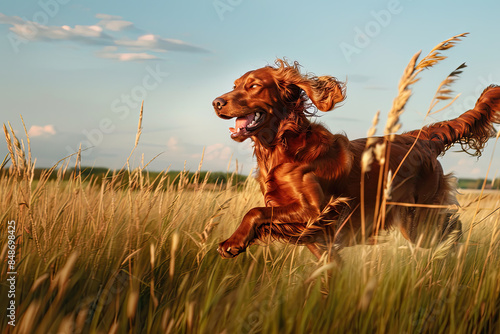 Irish Setter running joyfully in open field, tall grass, blue sky, golden hour light, long shadows.