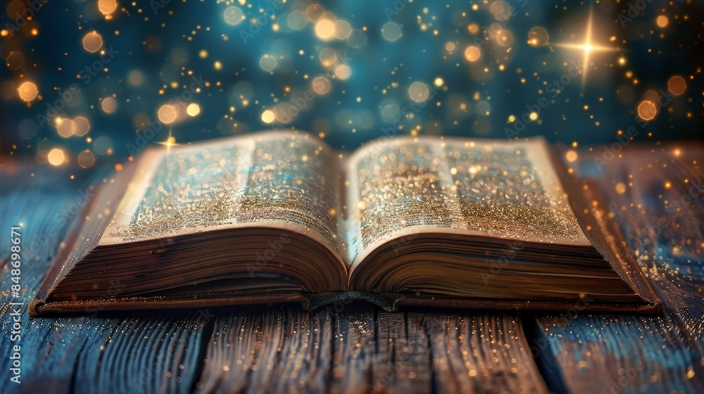 Open antique book showing detailed text, on a vintage wooden table, with a light glitter overlay adding an enchanting ambiance Open antique book showing detailed text, on a vintage wooden table, with a light glitter overlay adding an enchanting ambiance