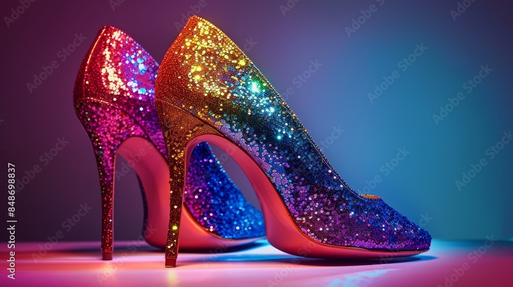 Obraz premium Pair of high heel shoes covered in colorful glitter, glitter overlay adding extra sparkle, against a plain backdrop, emphasizing their striking colors