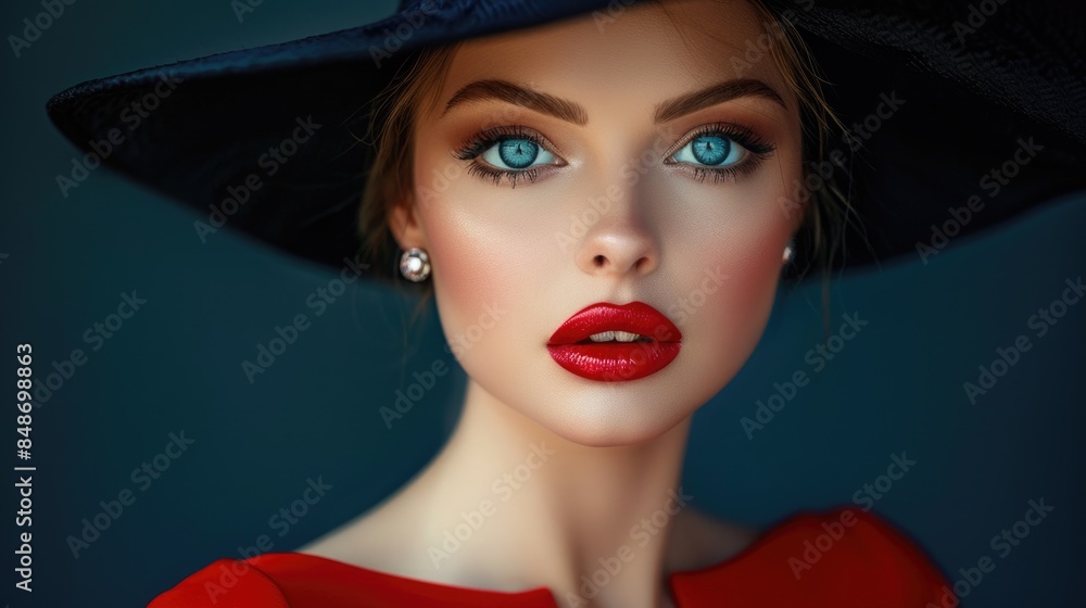 Woman in black hat with blue eyes Woman in black hat with blue eyes