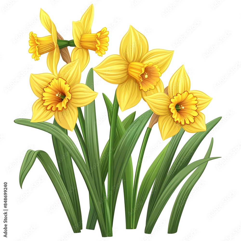 A daffodil clipart, flower element, vector illustration, yellow, isolated on white background